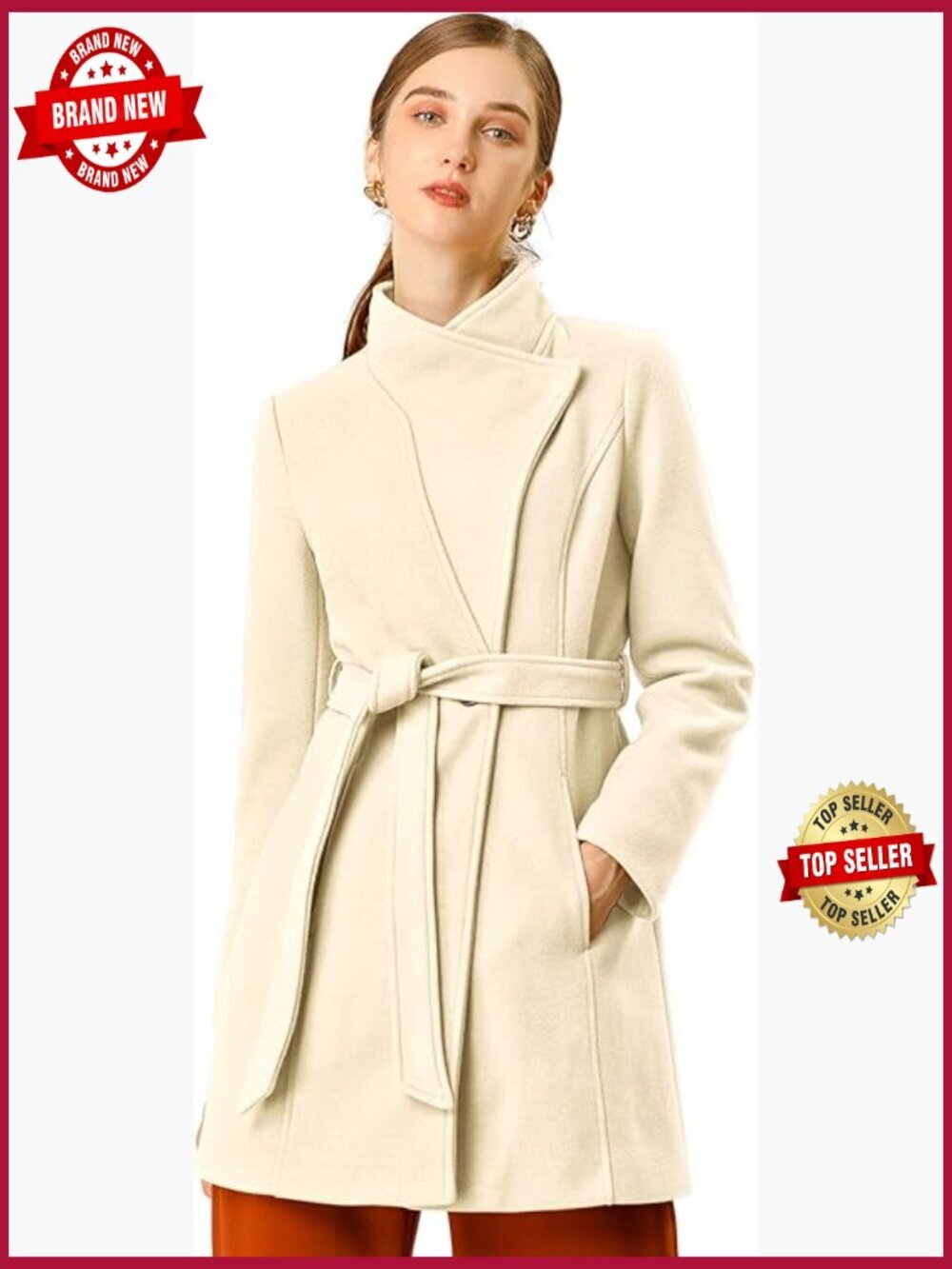 Classic Stand Collar Belted Pea Coat Long Sleeve Winter Outerwear